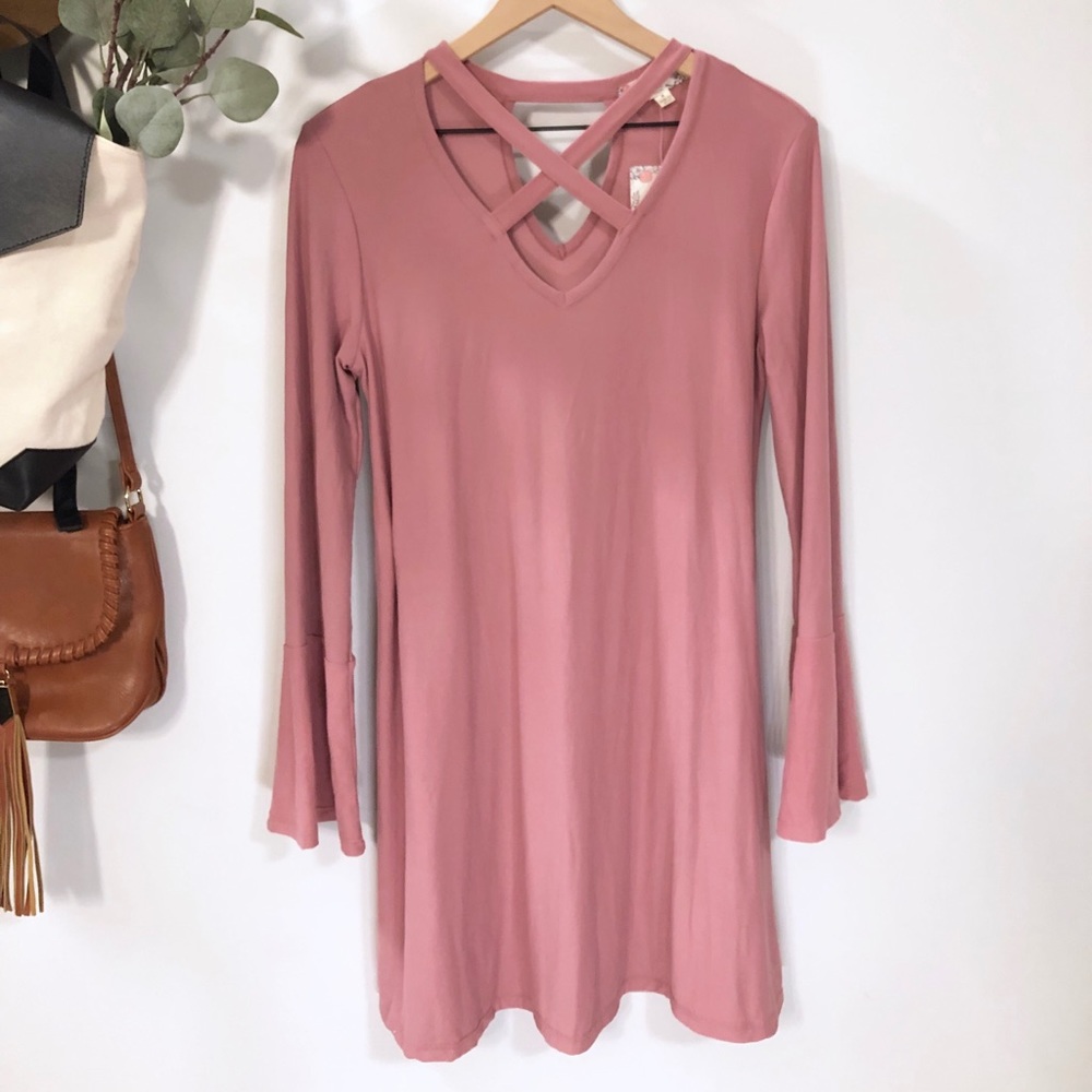 Pink Rose Vintage Flare Dress Bell Sleeves